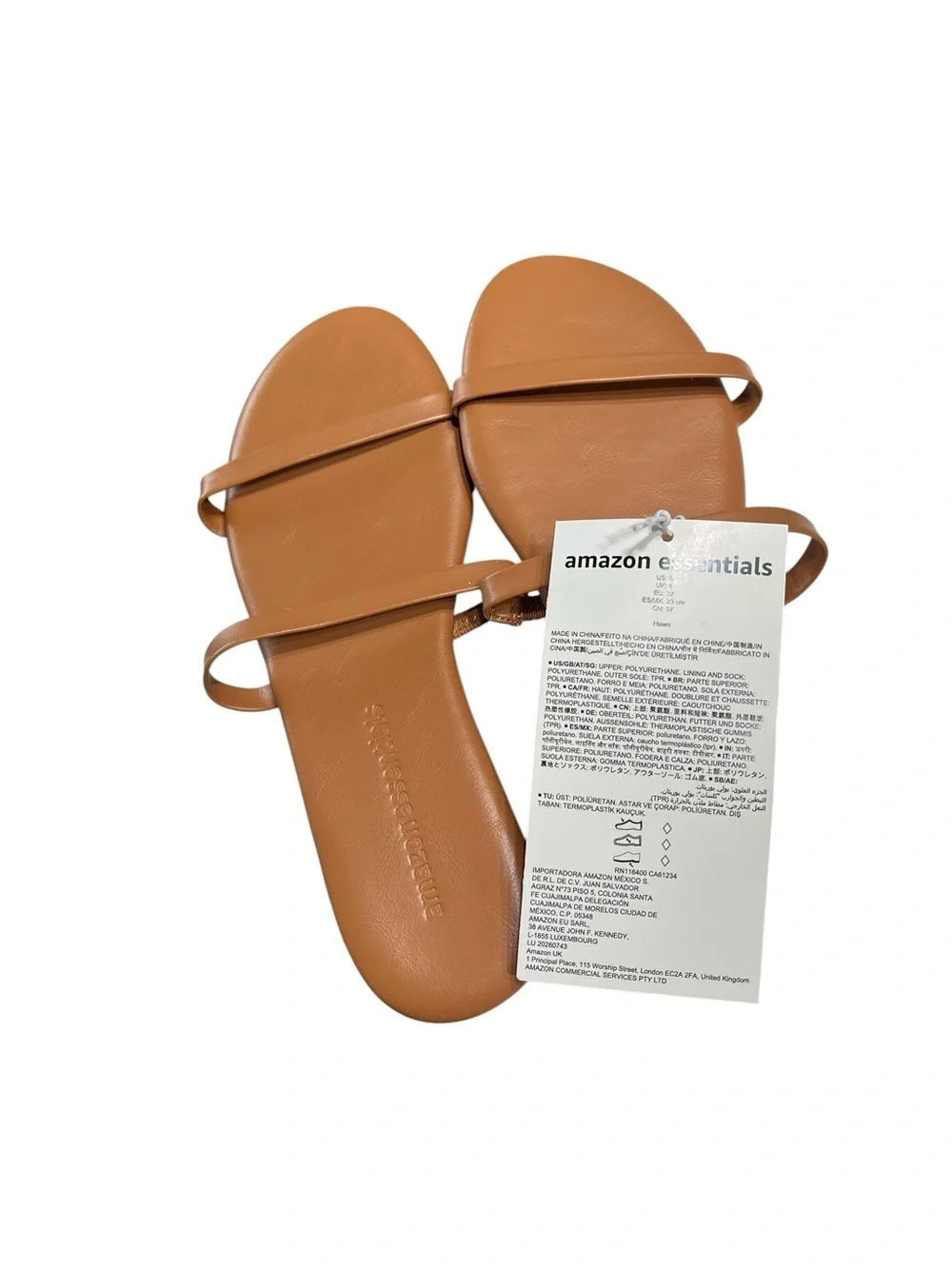NWT Amazon Essentials Cognac Brown 2 Strap Flat Sandals - Size 6